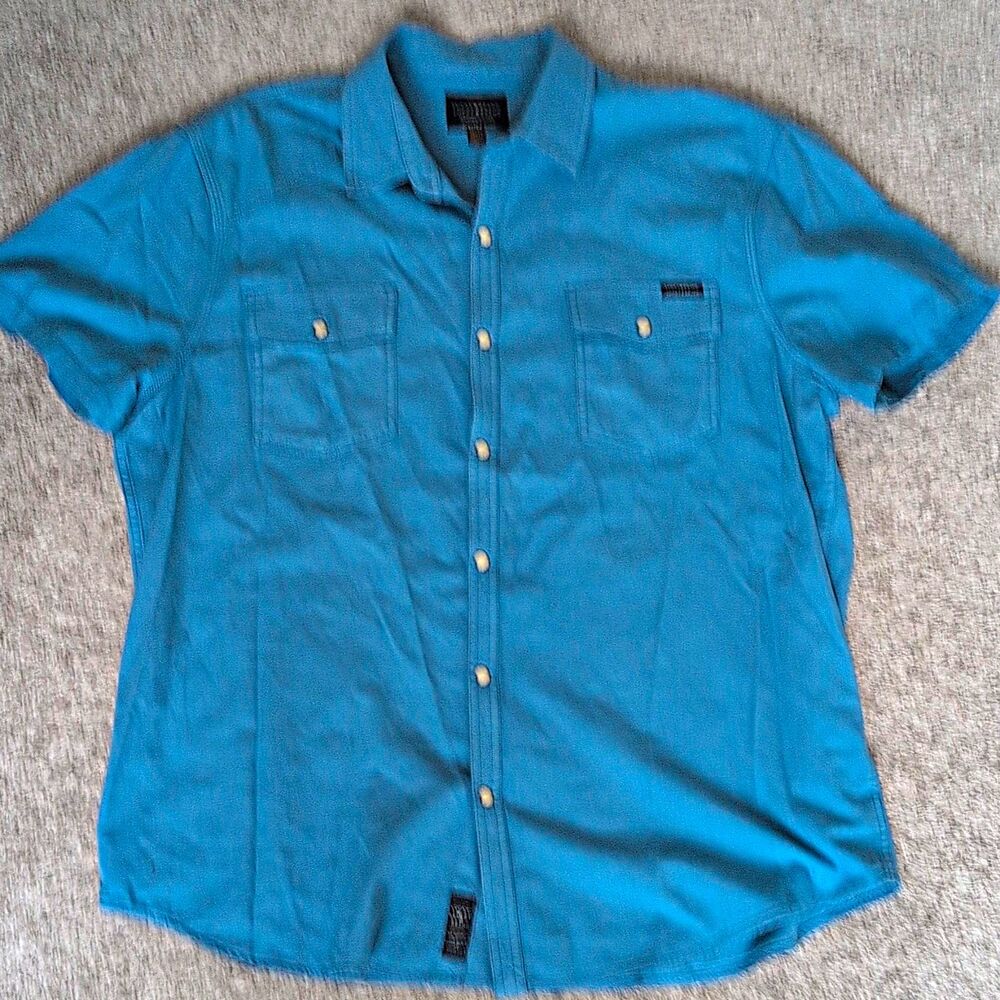 Lucky Brand Men's XL Regular Solid Blue Short Sleeve Pearl Button-Up Pockets